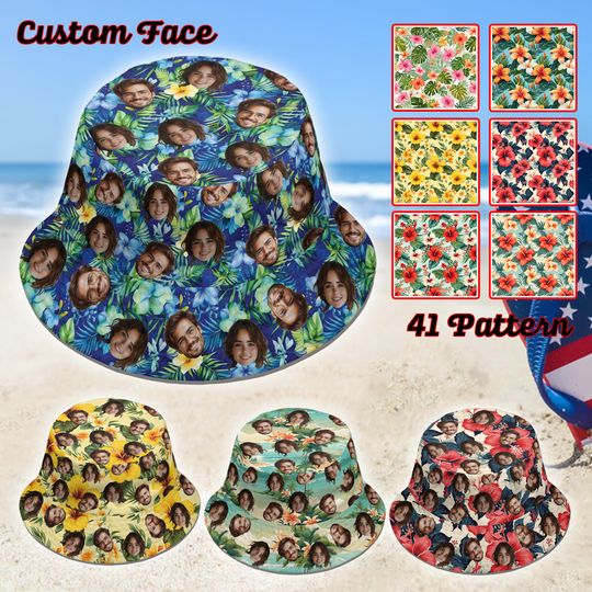 Discover Custom Photo Face Bucket Hat, Personalized Hawaiian Pattern Bucket Hat