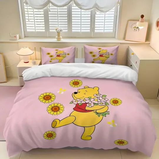Discover Lovely Pooh Bear Holding Flowers winniee the poohh Pink Themed Bedding Set