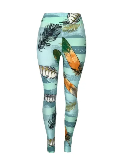 Discover Funky Feathers! Blue Green Stripes Pattern Yoga Waist Super Soft Leggings