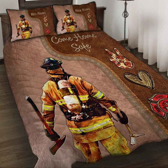 Discover Come Home Safe - Personalized Firefighter Quilt Set With Leather Pattern Print