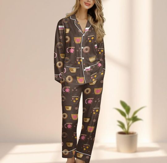 Discover Latte Coffee And Donut Satin Pajama Set,
