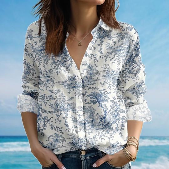 Discover French Toile Blouse Shirt, Vintage Blue And White Women Shirt