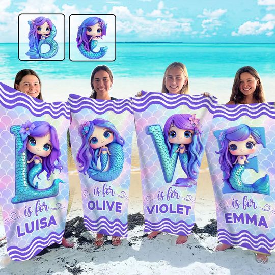 Discover Mermaid Custom Alphabet - Personalized Kid Quick-dry Beach Towel/ Bath Towel