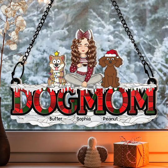 Discover Christmas Dog Mom Cartoon Style - Personalized Window Hanging Suncatcher Ornament