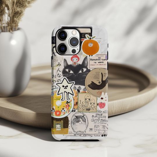 Discover Vintage Japanese Orange Black Cat Collage Phone Case Cute Retro Animal iPhone Case