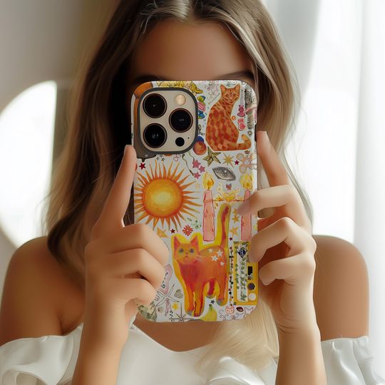 Discover Boho Cat Sun Collage Phone Case Vibrant Celestial Decor iPhone Case