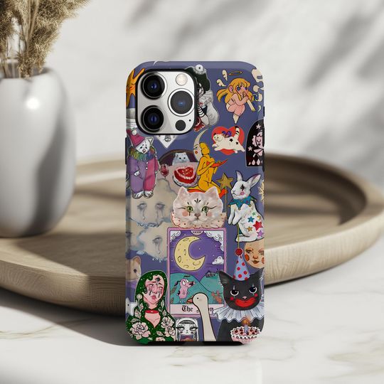 Discover Mystical Cat Collage Phone Case, Vintage Celestial Scrapbook Patchwork iPhone Case
