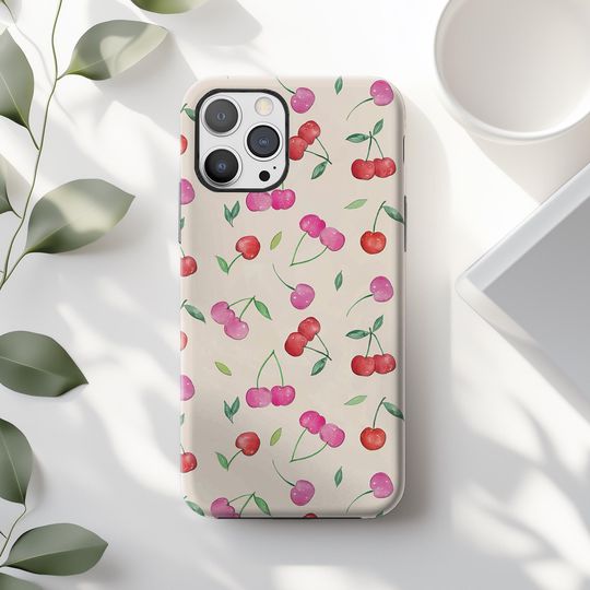 Discover Watercolor Cherry Phone Case, Cute Fruit Red Berry iPhone Case
