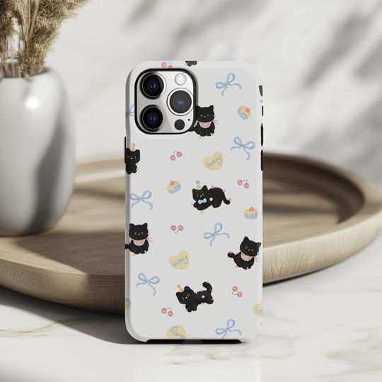 Discover Cute Black Cat Phone Case, Kawaii Cat Bow Cupcake Pattern iPhone Case
