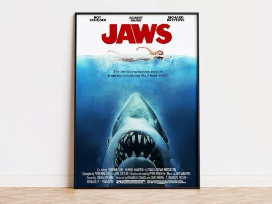 Discover Jaws Poster – Classic Shark Movie Art with Swimmer and Ocean Scene