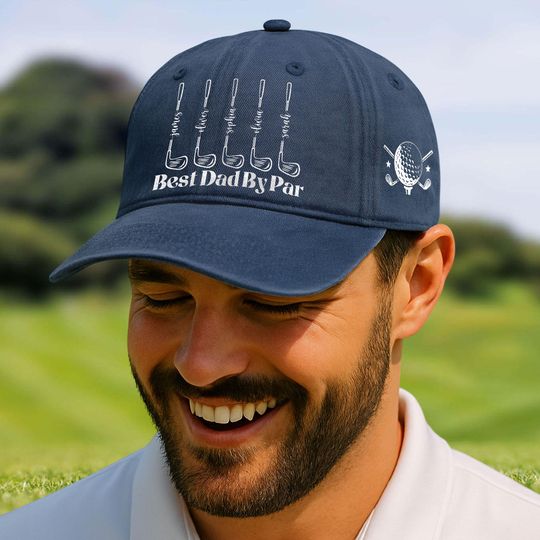 Discover Personalized Best Dad By Par Washed Denim Hat, Birthday Present for Dad Who Loves Golf