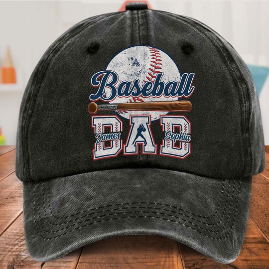 Discover Personalized Baseball Dad and Kids Name Washed Printed Hat, Custom Baseball Cap For Dad