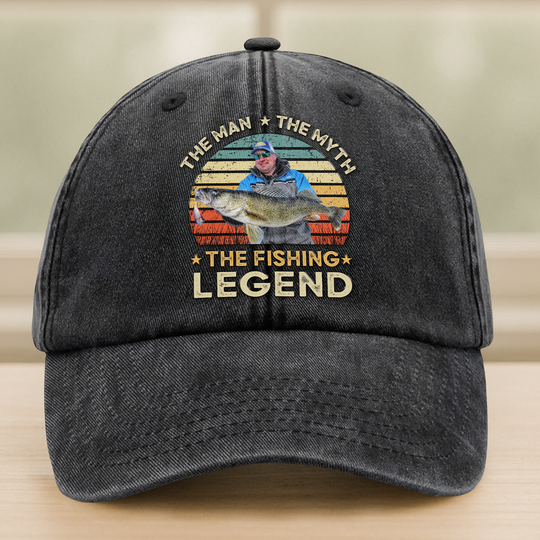 Discover Custom Photo The Fishing Legend Washed Denim Baseball Cap