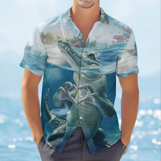 Discover Funny Crocodile Underwater Button Shirt, Alligator Making Heart Shirt