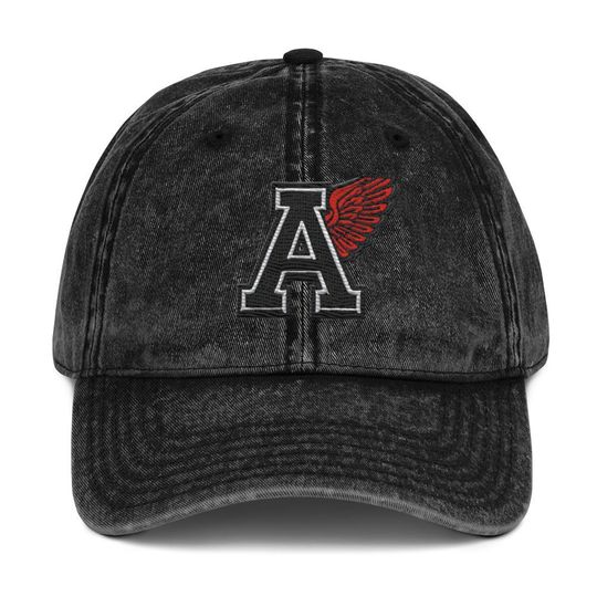 Discover Vintage Washed "A" Embroidered Cap  Distressed Black Denim Baseball Hat