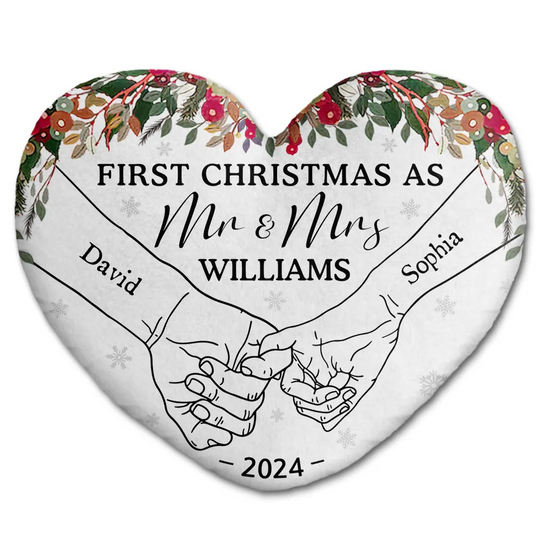 Discover Holding Hands First Christmas As Married Couple - Personalized Heart Shaped Pillow