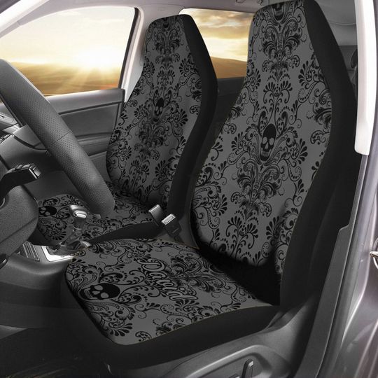 Discover Black & Gray Floral Skull - Personalized Skull Car Seat Covers