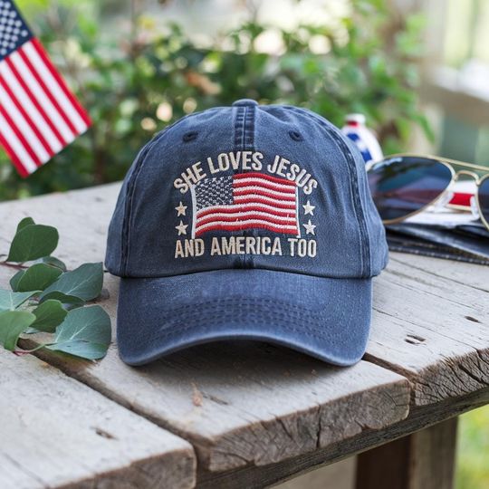 Discover She Loves Jesus and America Too Hat, Patriotic Christian Embroidered Cap