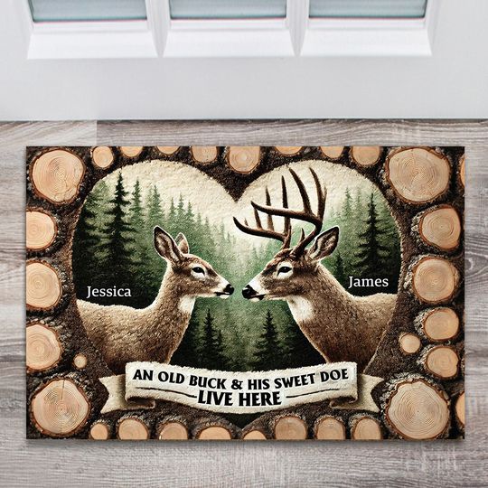 Discover An Old Buck & His Sweet Doe Live Here - Personalized Hunting Doormat