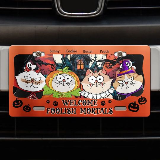 Discover Welcome Foolish Mortals Cat Halloween - Personalized License Plate