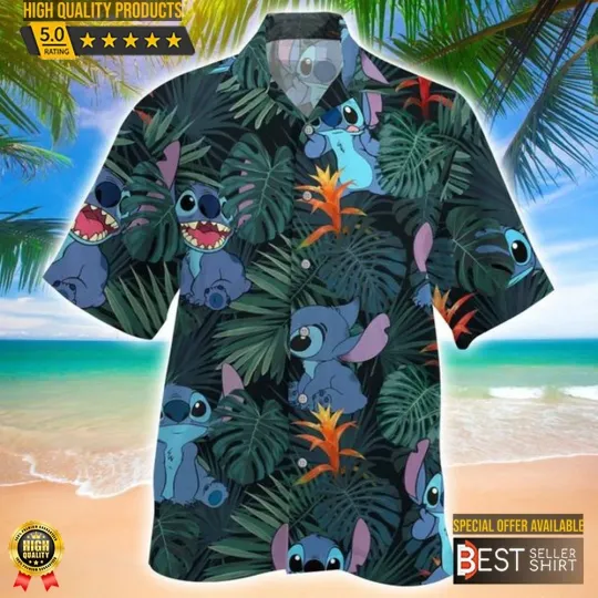 Discover Stitchh Vintage Tropical Leaves Disneyyy Cruise 2023 Disneyyy Hawaiian Shirt