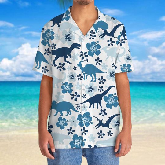 Discover Dinosaur Pattern Hawaiian Shirt, Floral Flower Aloha Shirt for Him