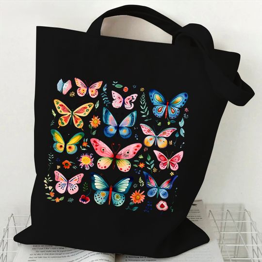 Discover Skeleton Flower Pattern Canvas Shoulder Bag Vintage Flower Butterfly Print Tote Bags