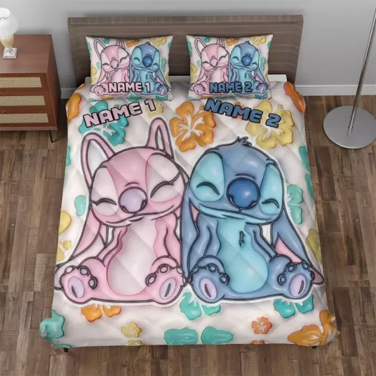 Discover Personalized Stitchh & Angel Couple Sleeping Hibiscus Flower 3D Bedding Set