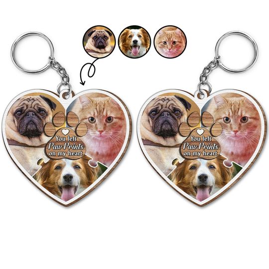 Discover Custom Photo You Left Paw Prints On My Heart -Personalized Wooden Keychain
