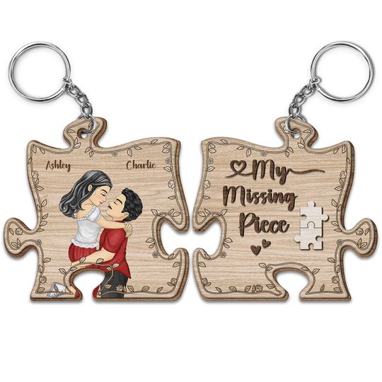 Discover Cartoon Kissing Couple My Missing Piece - Gift For Couples - Personalized Wooden Keychain