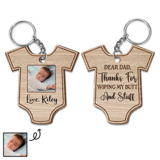 Discover Custom Photo Thanks For Wiping - Gift For New Father - Personalized Wooden Keychain