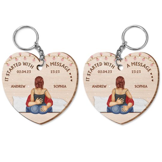 Discover It Starts With A Message - Aniversary Gift For Couples - Personalized Wooden Keychain