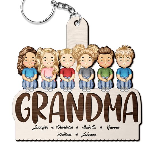 Discover Grandma Mom Grandkids Kids Sitting - Gift For Mother, Grandmother - Personalized Wooden Keychain