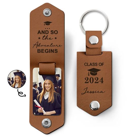 Discover Custom Photo And So The Adventure Begins - Personalized Leather Photo Keychain