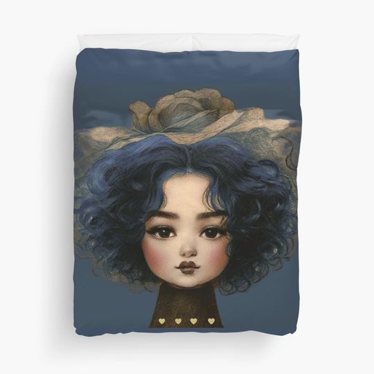 Discover Doll with blue hair and a hat with a veil Duvet Cover