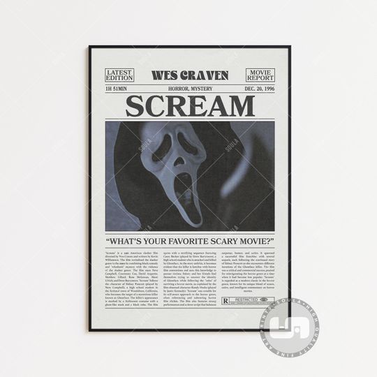 Discover Scream Poster, Wes Craven, Movie Poster, Retro Newspaper, Vintage Retro Art Print