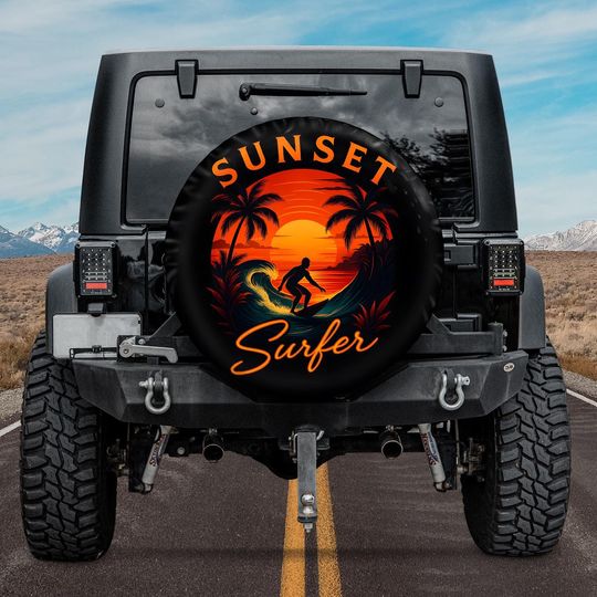 Discover Sunset Surfer Spare Tire Cover, Surfing Spare Tire Cover