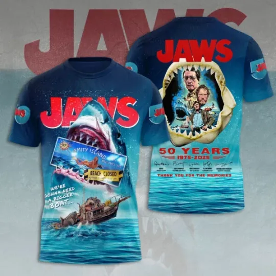 Discover Jaws Movie 50 Years 1975-2025 Thank For The Memories 3D Shirt