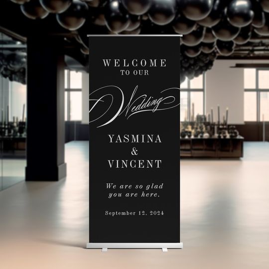 Discover Elegant Black and White Calligraphy Wedding Retractable Banner