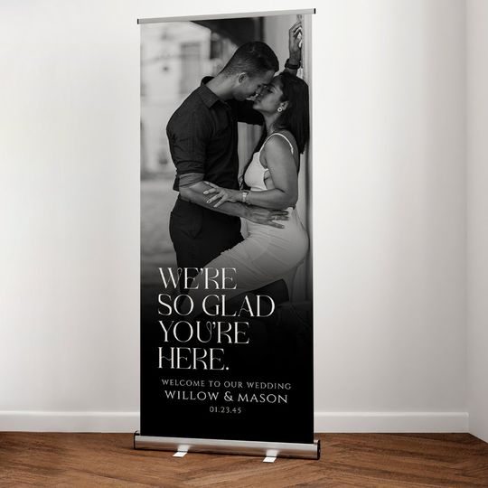 Discover We're So Glad You're Here Modern Wedding Welcome Retractable Banner