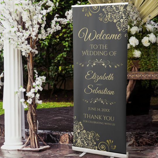 Discover Elegant Classy Black & Gold Lacy Wedding Welcome Retractable Banner