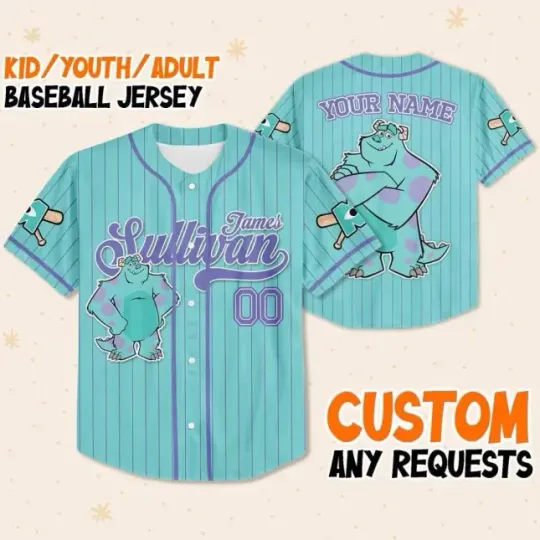 Discover Custom Disneyyy Monsterss Incc James Sullivan Cyan Simple Baseball Jersey