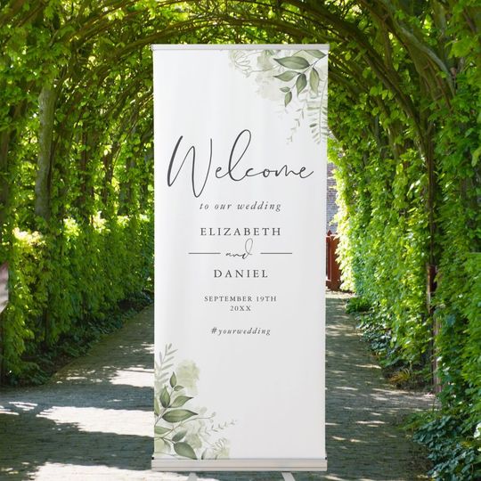 Discover Greenery Foliage Wedding Welcome Retractable Banner