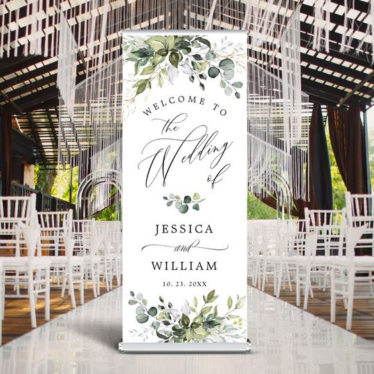 Discover Watercolor Eucalyptus Greenery  Wedding Welcome Retractable Banner