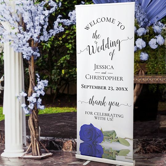 Discover Elegant Royal Blue Rose Wedding Welcome Retractable Banner