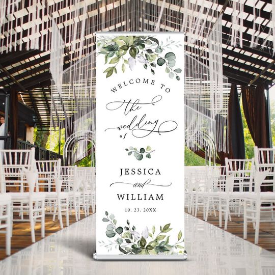 Discover Watercolor Eucalyptus Greenery  Wedding Welcome Retractable Banner