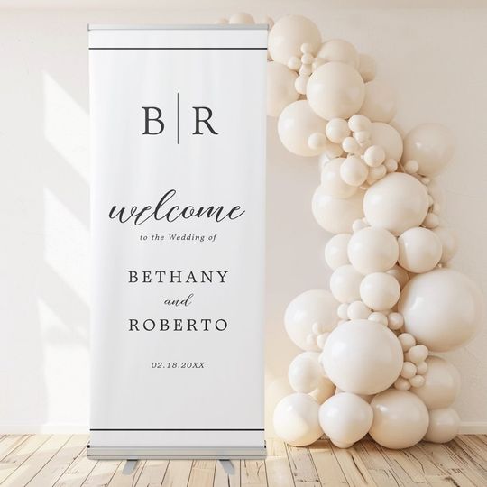 Discover Simple Black White Monogram Wedding Welcome Retractable Banner