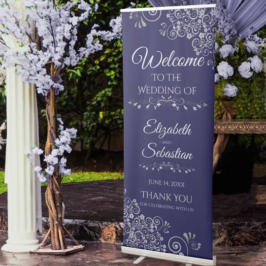 Discover Elegant Lacy Silver on Navy Blue Wedding Welcome Retractable Banner