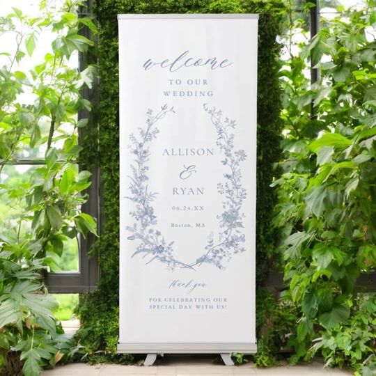 Discover Dusty Blue Toile French Floral Wedding Welcome Retractable Banner