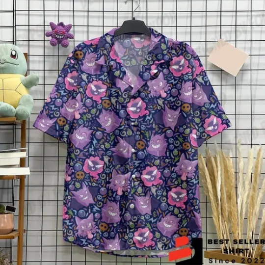 Discover Gengar Ghost PKM Hawaiian Shirt Button Up Shirt Anime Aloha Hawaiian Shir
